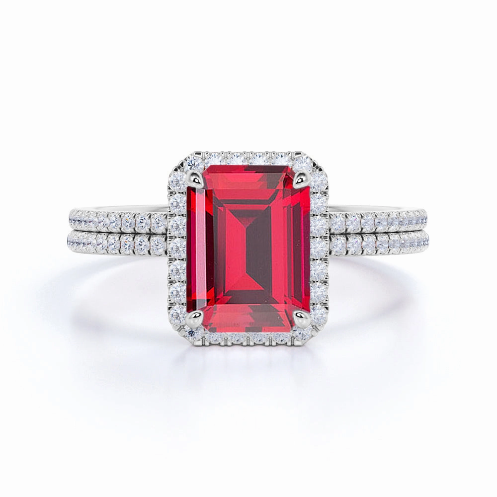Pave 1.65 ct Emerald Lab-Created Ruby Halo Wedding Set Event Jewelry