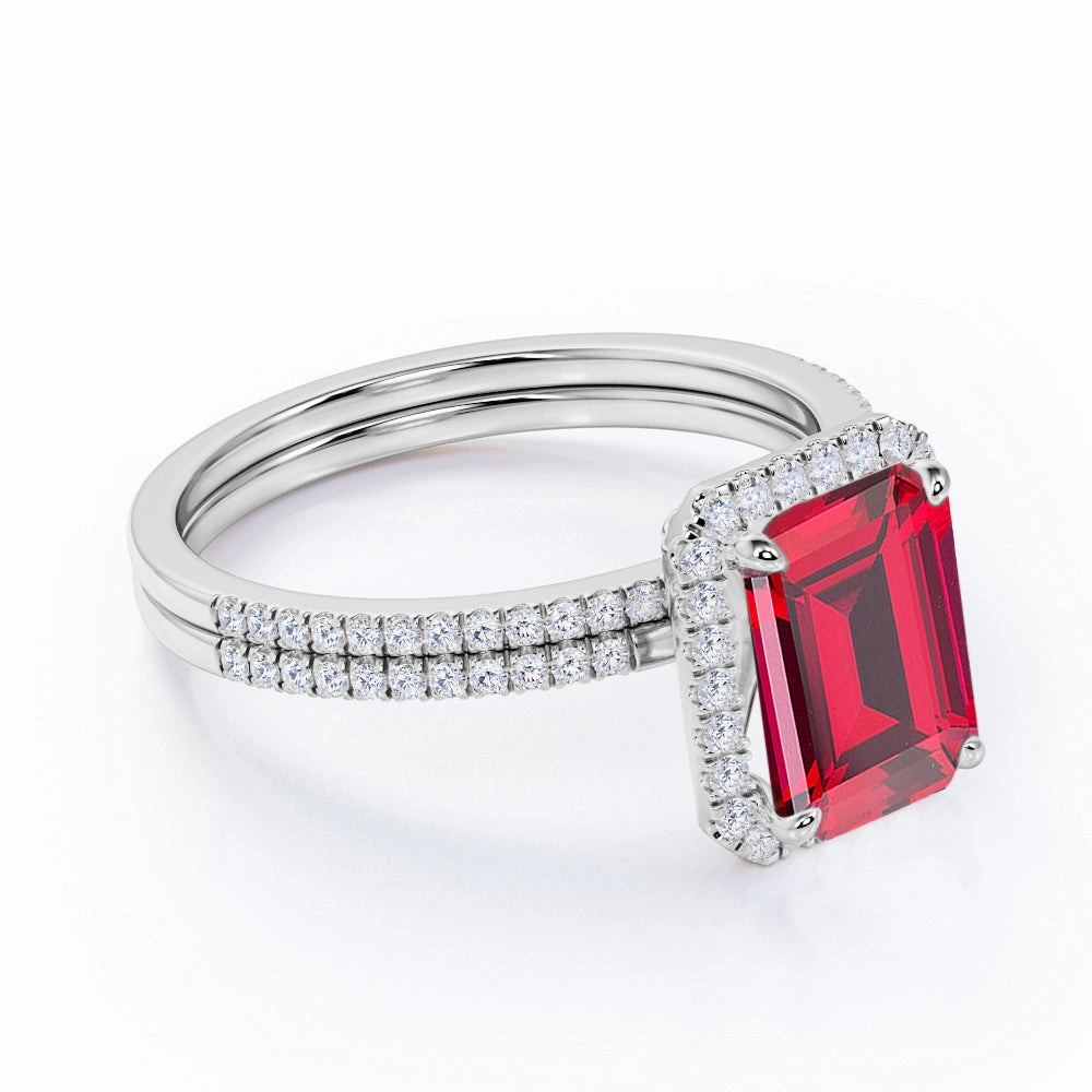 Transparent Item Pave 1.65 ct Emerald Lab-Created Ruby Halo Wedding Set