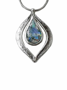 Classic Fit Ancient Roman Glass Necklace Marquise with Teardrop Center Sterling Silver Snake