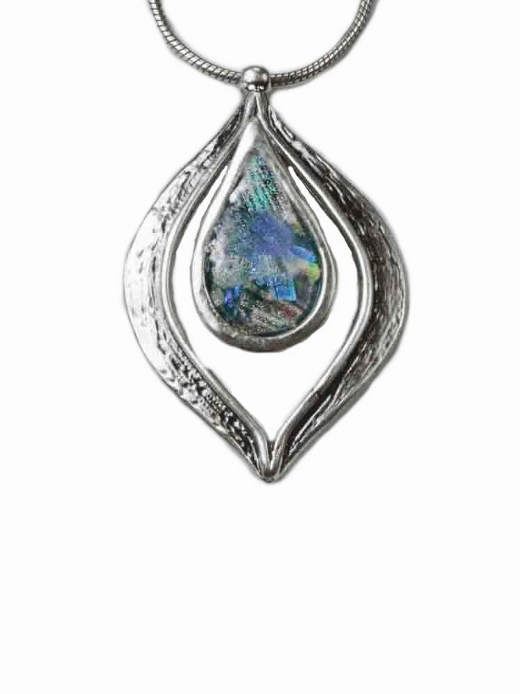 Classic Fit Ancient Roman Glass Necklace Marquise with Teardrop Center Sterling Silver Snake