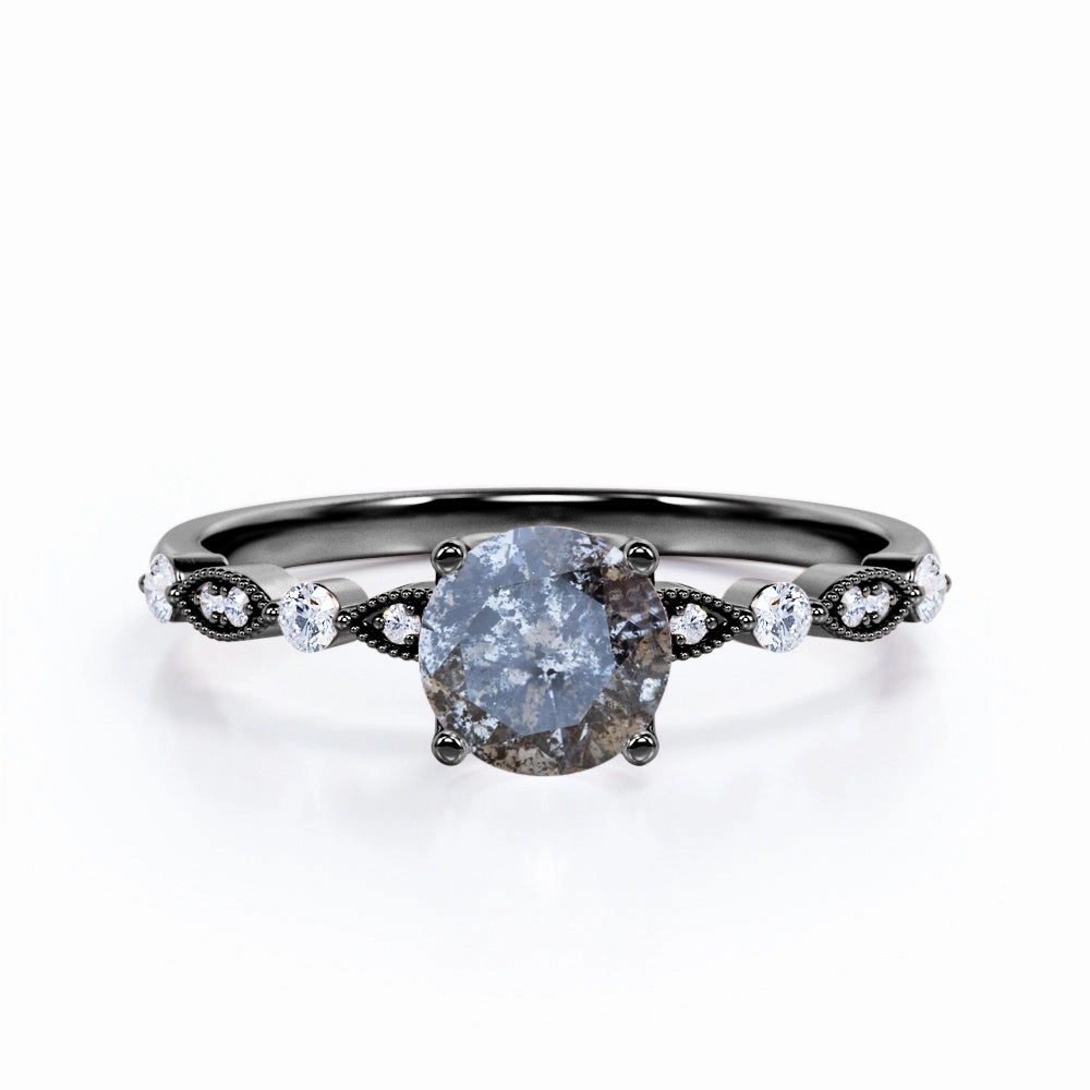 Unique 0.45 Carat Round Cut Genuine Salt and Pepper Diamond Art Deco Engagement Ring In White Gold Quality Article