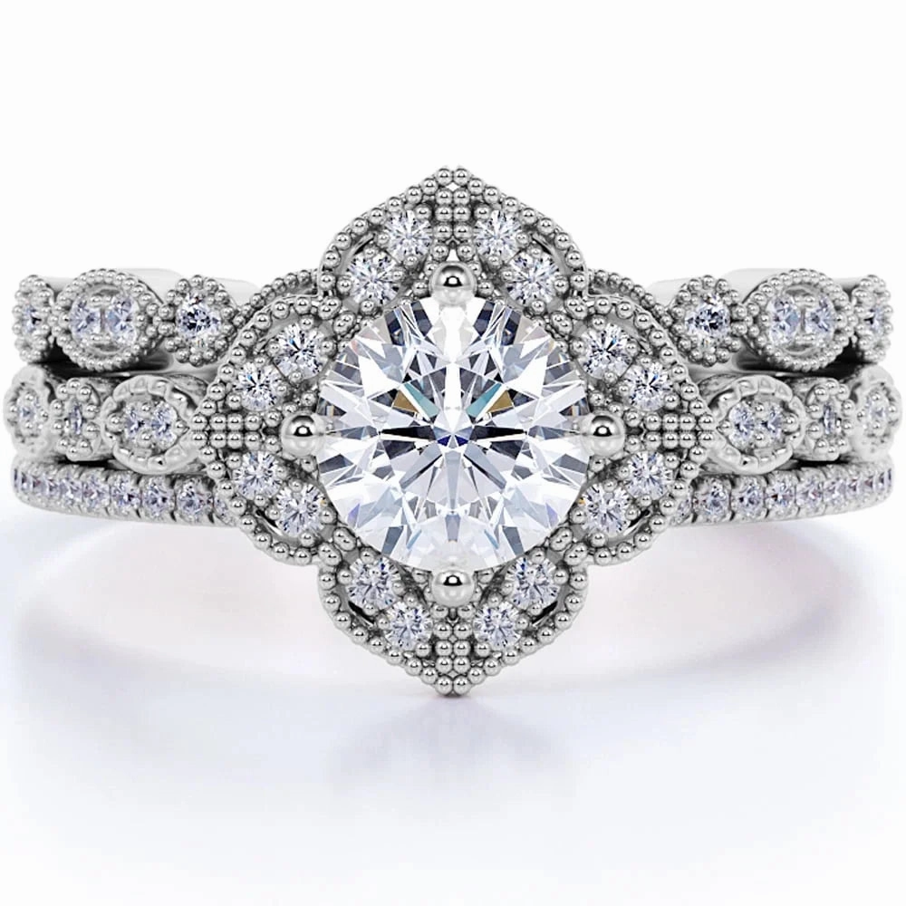 Gift Under 100 Unique 1.75 Carat Real Moissanite Wedding Trio Ring Set with Engagement Ring and 2 Wedding Bands in 18k Gold Over Silver