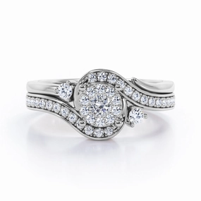 Modern Form Pave-Channel Tension Design 0.55 TCW Round Shape Diamond Flush Halo Bridal Ring Set in 10K White Gold