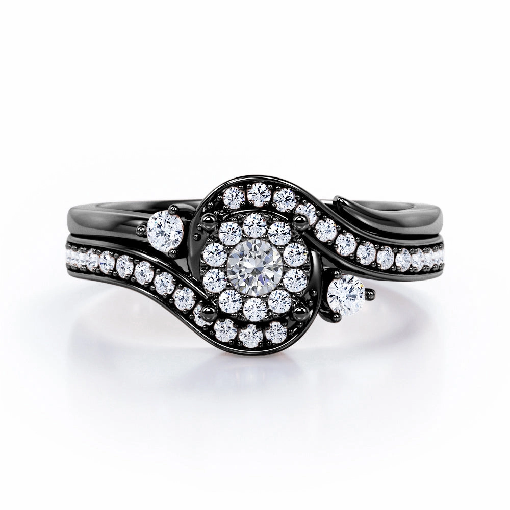 Pave-Channel Tension Design 0.55 TCW Round Shape Diamond Flush Halo Bridal Ring Set in 10K White Gold Balanced Harmony