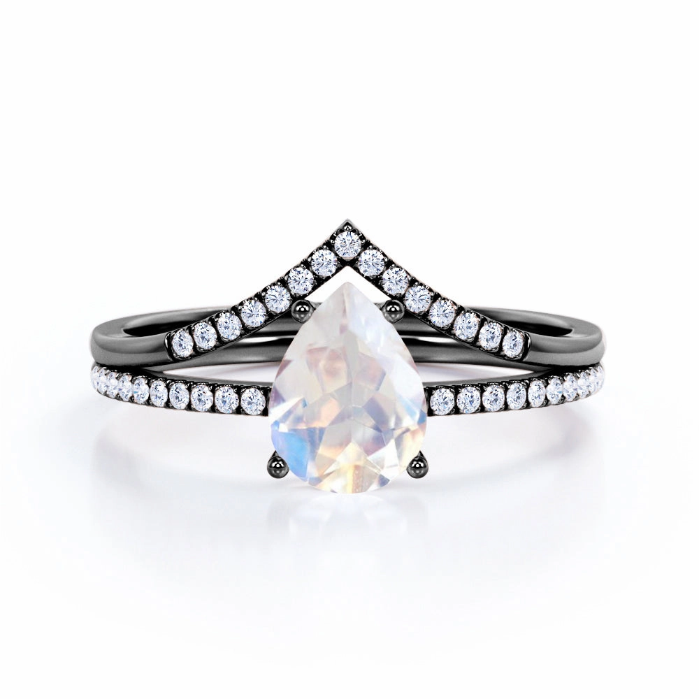 0.8 ct Pear Moonstone Pave Bridal Set Elegant Form