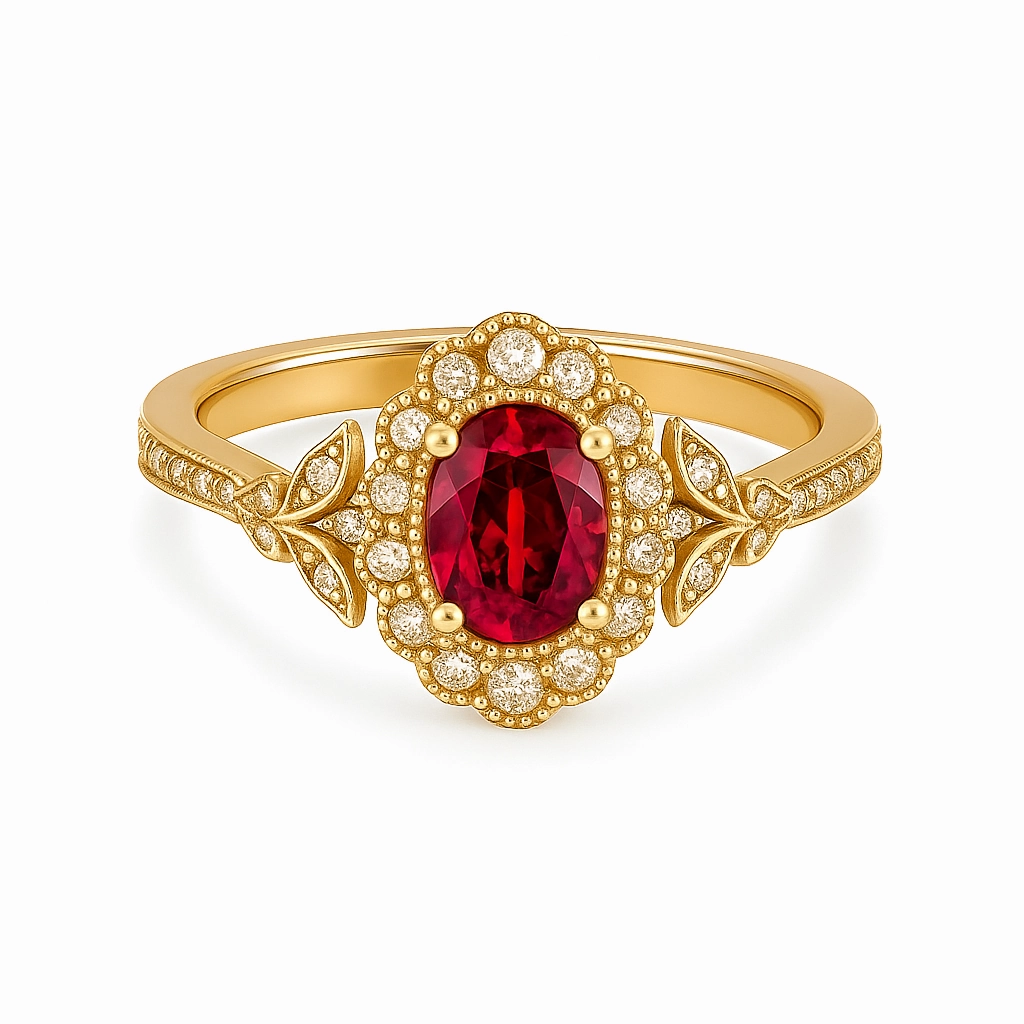 1.20 Ct Oval Cut Vintage Ruby Halo Engagement Ring Fashionable Art Meaningful Look