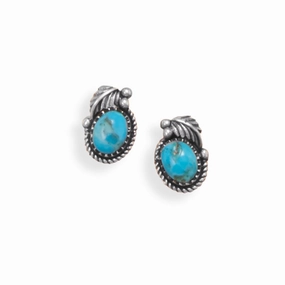 Reconstituted Turquoise Post Stud Earrings Oval with Leaf Design Sterling Silver Minimalist Element Sturdy Product