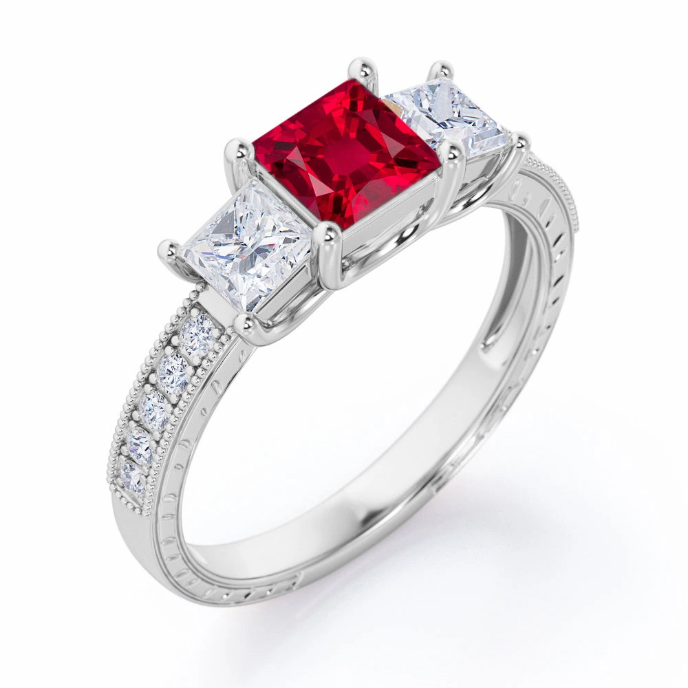 Trilogy 1.25 ct Princess Lab-Created Ruby Vintage Engagement Ring All Event Everyday Charm