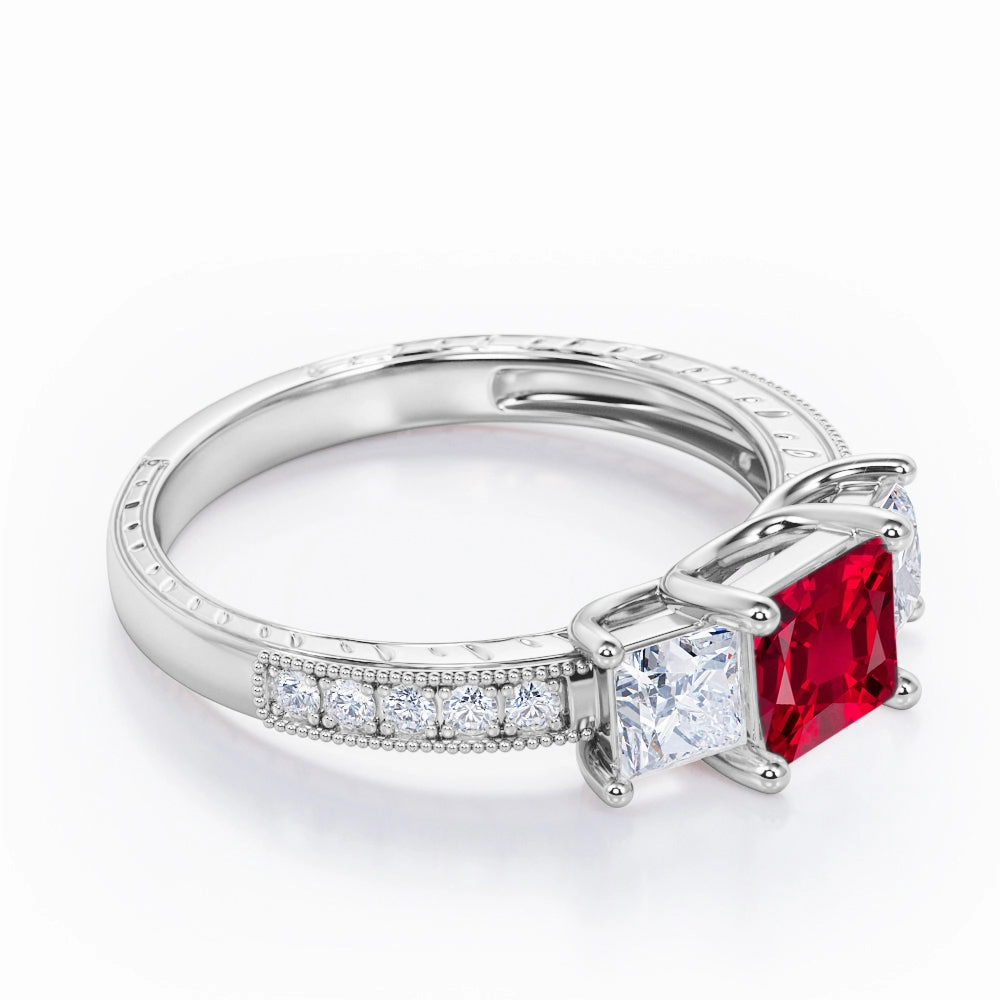 Trilogy 1.25 ct Princess Lab-Created Ruby Vintage Engagement Ring Notable Accessory Modern Bauble
