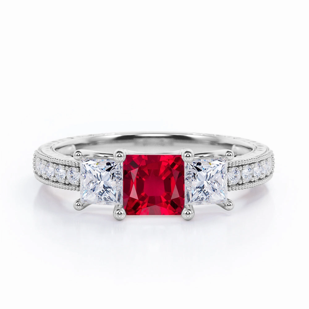 Trilogy 1.25 ct Princess Lab-Created Ruby Vintage Engagement Ring Romantic Ornament Budget Symbol
