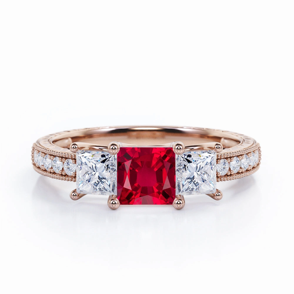 Trilogy 1.25 ct Princess Lab-Created Ruby Vintage Engagement Ring Experimental Design
