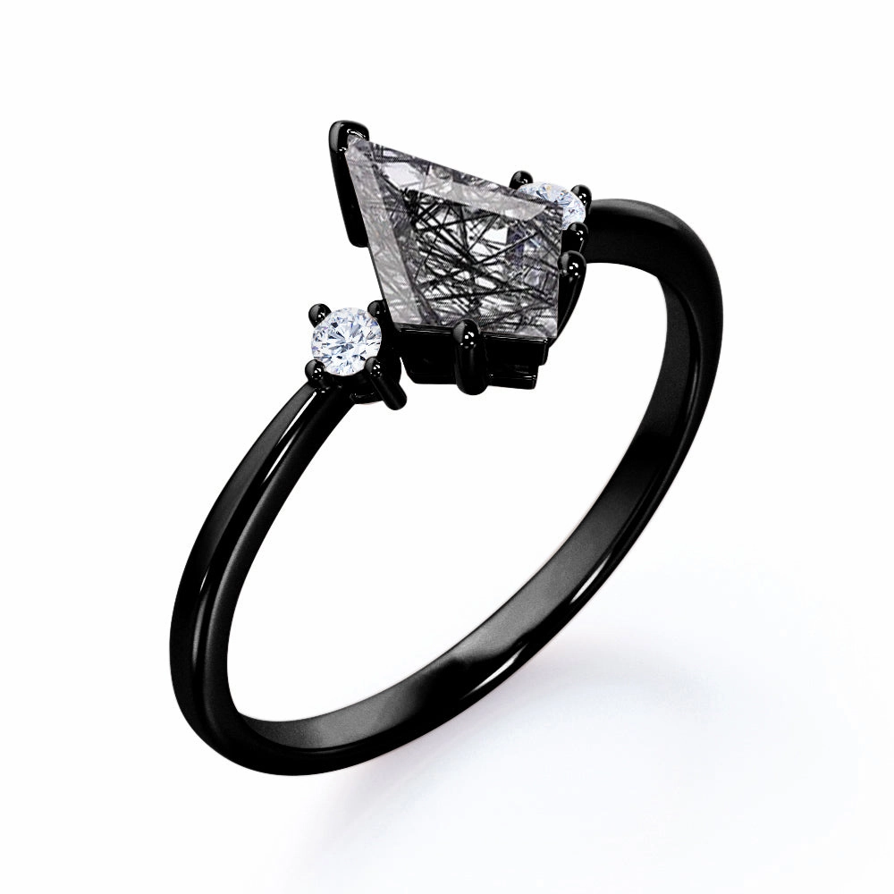 Trilogy 1.10 ct Kite Shaped Black Rutilated Quartz Engagement Ring Strong Item Graceful Structure