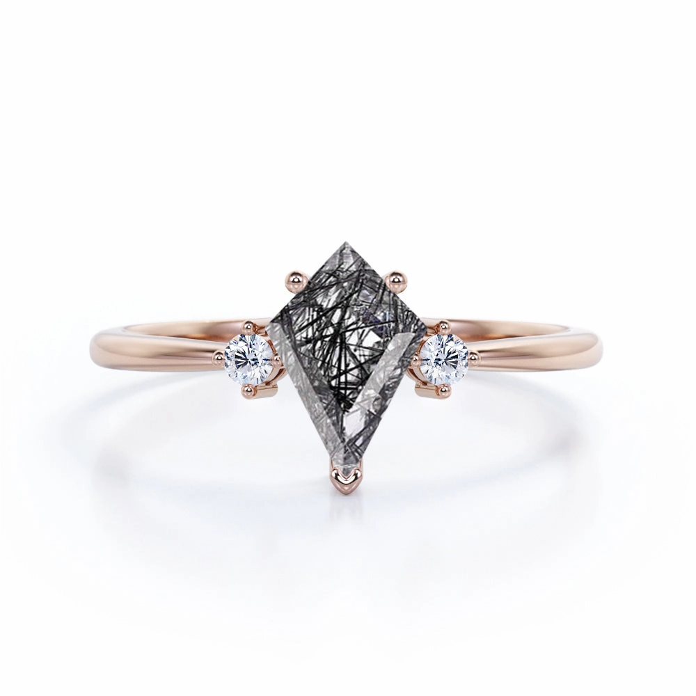 Trilogy 1.10 ct Kite Shaped Black Rutilated Quartz Engagement Ring Vintage Adornment Premium Article
