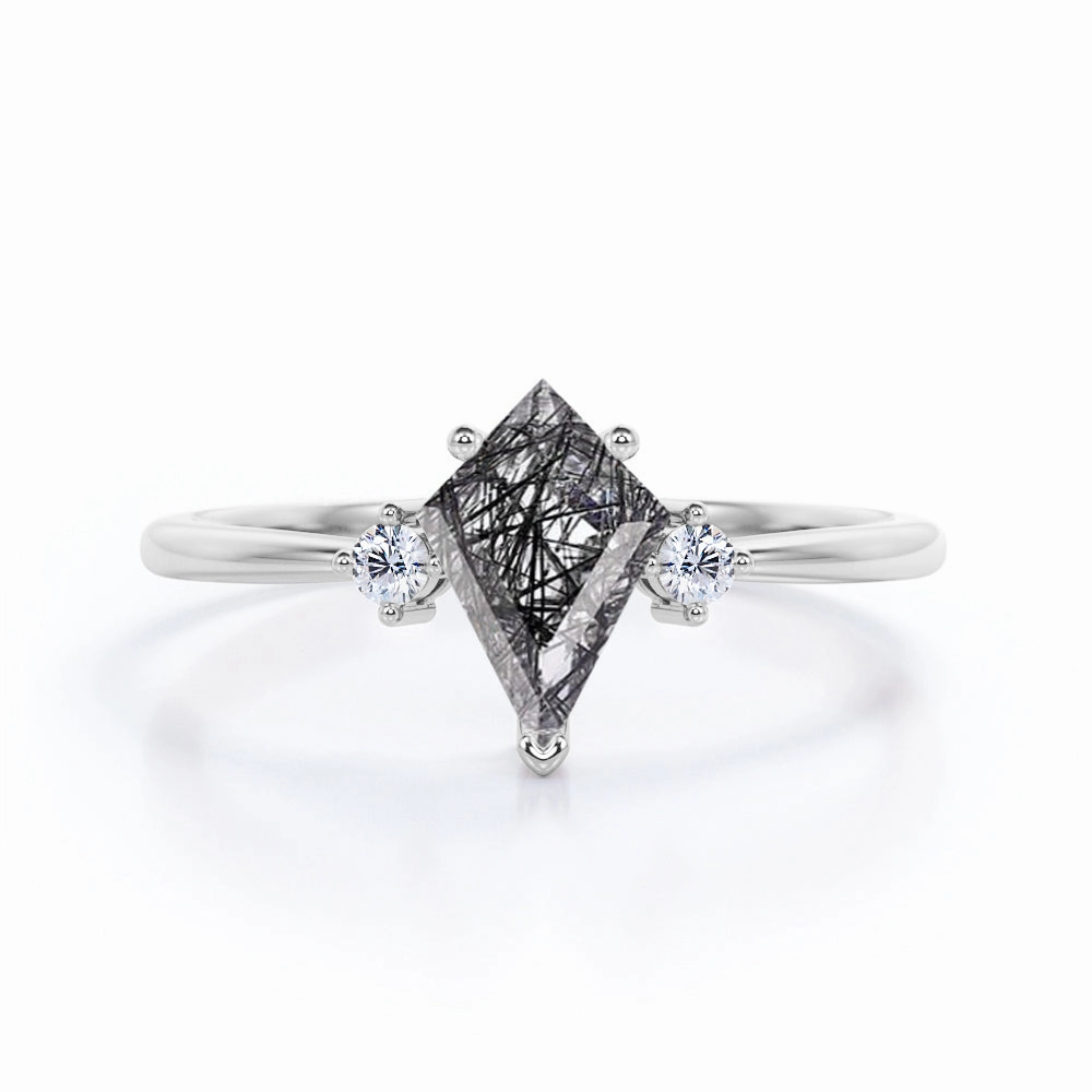 Trilogy 1.10 ct Kite Shaped Black Rutilated Quartz Engagement Ring Biodegradable Item