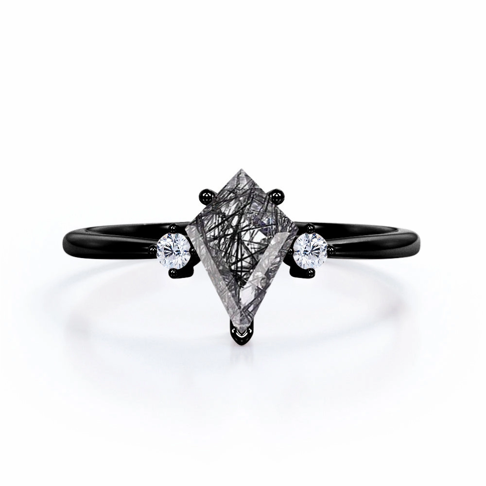 Trilogy 1.10 ct Kite Shaped Black Rutilated Quartz Engagement Ring Meaningful Item