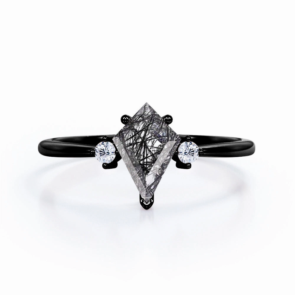 Trilogy 1.10 ct Kite Shaped Black Rutilated Quartz Engagement Ring Luxury Present Amazing Symbol