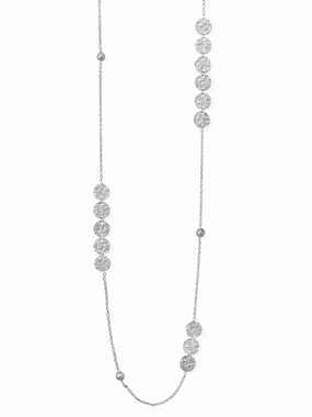 Long 36-inch Length Textured Disk and Bead Necklace Rhodium on Sterling Silver Seasonal Accent