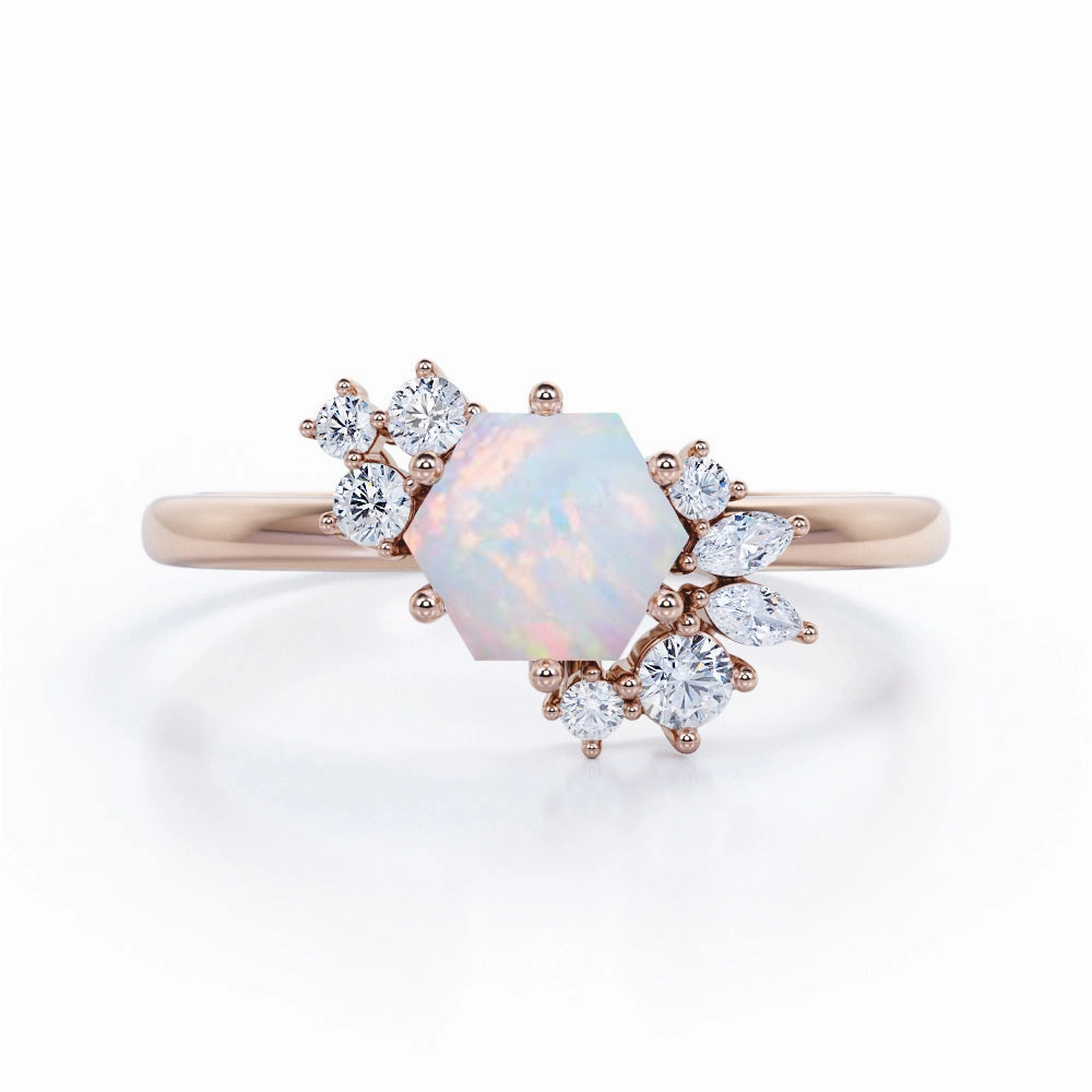 1.35 Ct Hexagon Cut Lab Created Opal Cluster Engagement Ring Delicate Piece Vivid Present