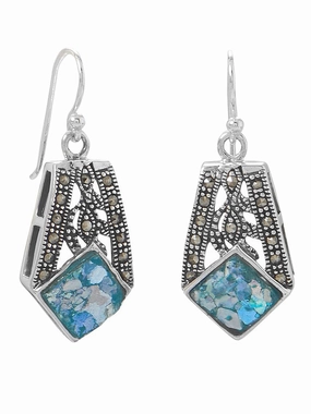 Trendy Jewelry Ancient Roman Glass Earrings and Marcasite Handcrafted Sterling Silver