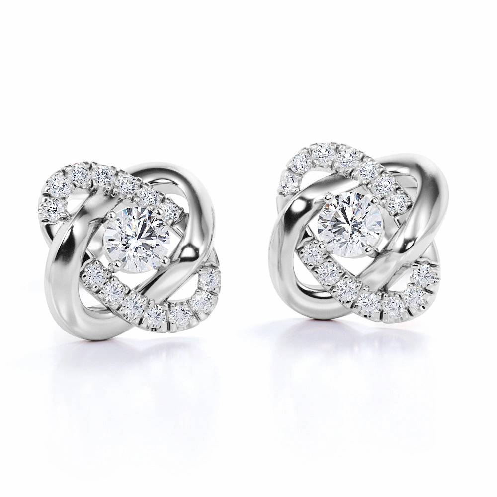 Fancy Love Knot 0.60 Carat Round Cut Certified Moissanite and Diamond Infinity Pave Ear Studs in White Gold Large Embellishment