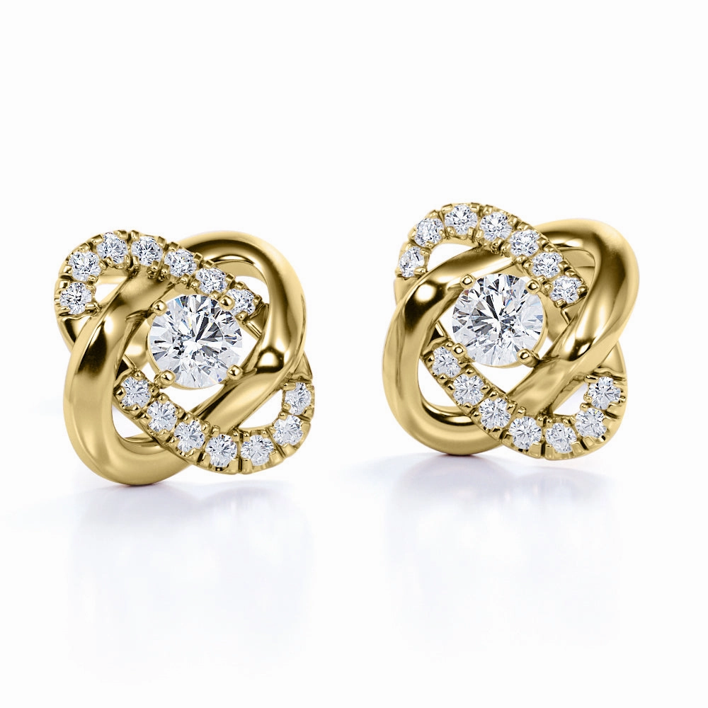 Statement Item Creative Ornament Fancy Love Knot 0.60 Carat Round Cut Certified Moissanite and Diamond Infinity Pave Ear Studs in White Gold