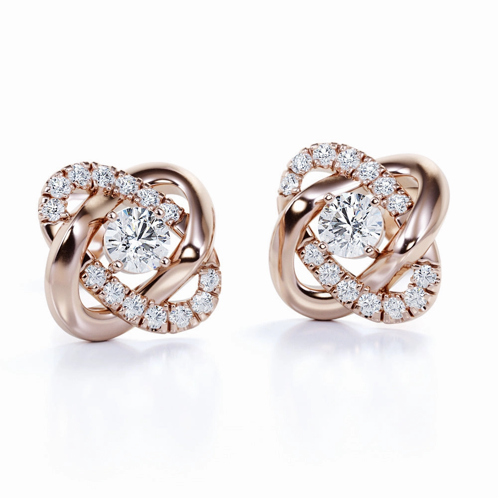 Fancy Love Knot 0.60 Carat Round Cut Certified Moissanite and Diamond Infinity Pave Ear Studs in White Gold Ornate Piece