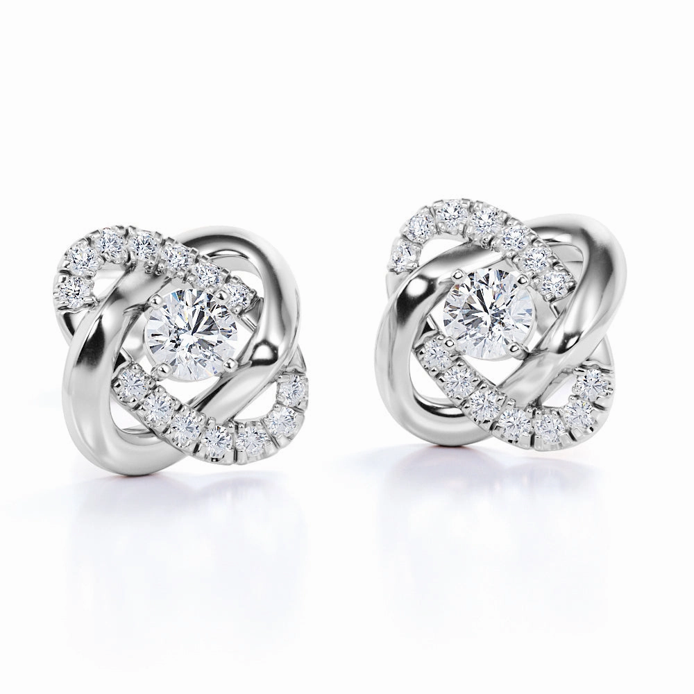 Refined Option Circular Adornment Fancy Love Knot 0.60 Carat Round Cut Certified Moissanite and Diamond Infinity Pave Ear Studs in White Gold