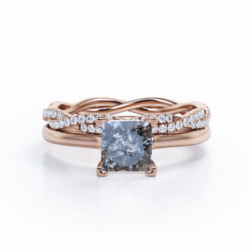 Guarantee Backed Beautiful Mark Eternity 1 Ct Square Salt and Pepper Diamond Wedding Ring Set