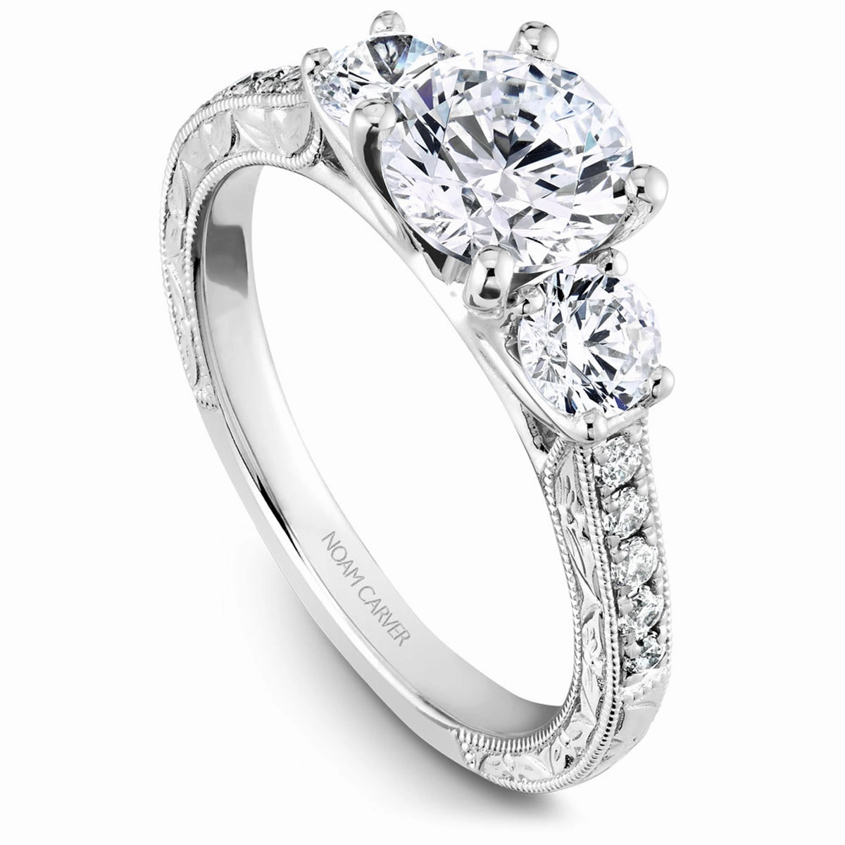Noam Carver Vintage Three-Stone Diamond Engagement Ring Setting in White Gold Sweet Touch Timeless Finish