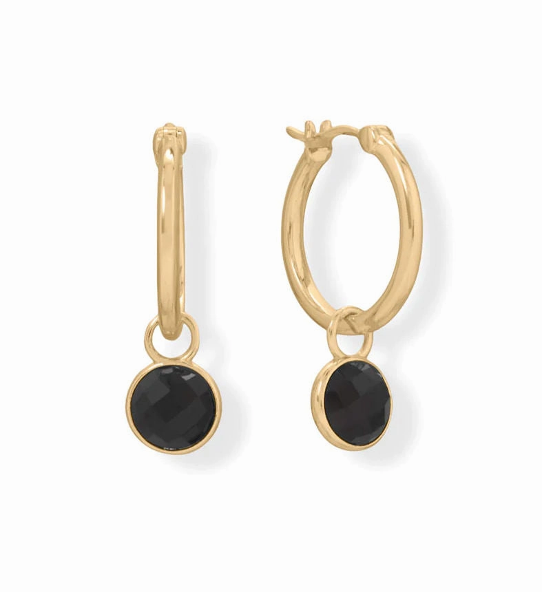Stylish Element Hoop Earrings with Removable Black Onyx Charm Drop Gold-plated