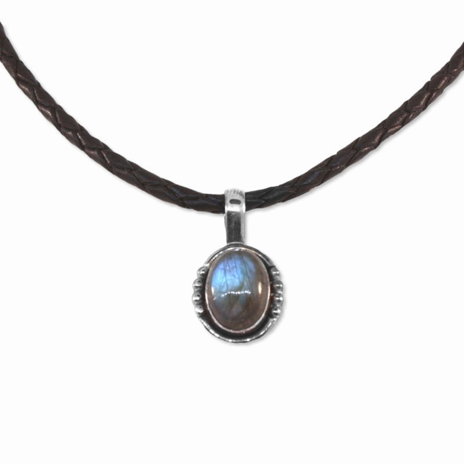 Daily Outfit Modern Ornament Braided Black Leather Necklace with Labradorite Pendant