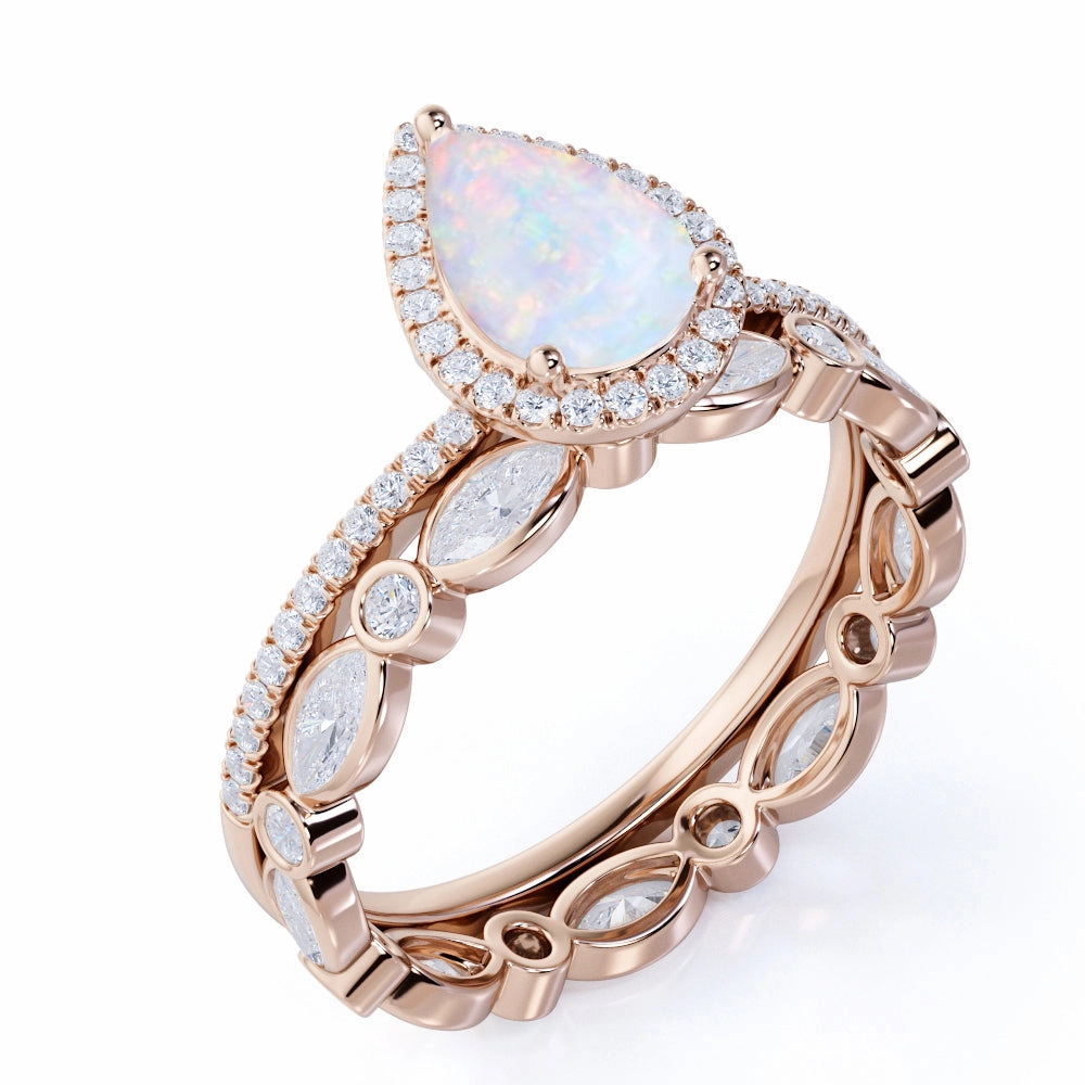 Gift wrapping 1.75 Ct Pear Cut Lab Created Opal Halo Wedding Ring Set