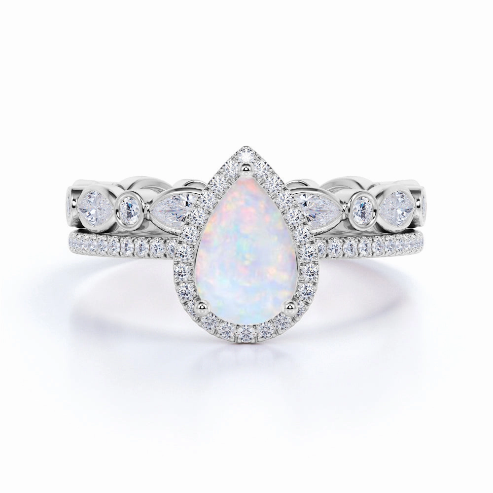 1.75 Ct Pear Cut Lab Created Opal Halo Wedding Ring Set Daily Classic Personal Ornament