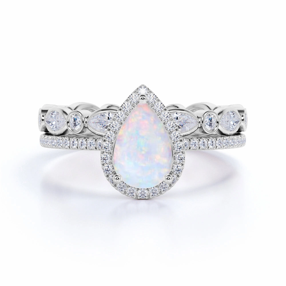 1.75 Ct Pear Cut Lab Created Opal Halo Wedding Ring Set Timeless Proportion