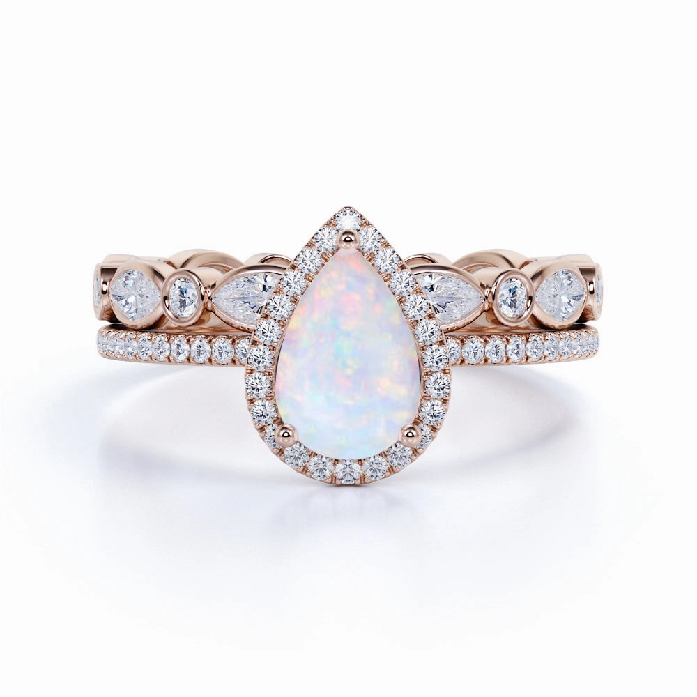 Malleable Metal 1.75 Ct Pear Cut Lab Created Opal Halo Wedding Ring Set