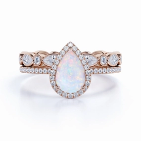 1.75 Ct Pear Cut Lab Created Opal Halo Wedding Ring Set Neutral Spark Handcrafted Expression