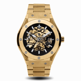 Eye-Catching Appeal Prague Skeleton Automatic Deluxe - Gold   Gold Link Strap