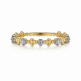 14K Yellow Gold Diamond and Bujukan Bead Station Stackable Ring Elegant Form Vogue Design