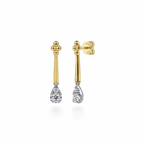 Unique Finish 14K White and Yellow Gold Bujukan and Diamond Teardrop Stud Drop Earrings