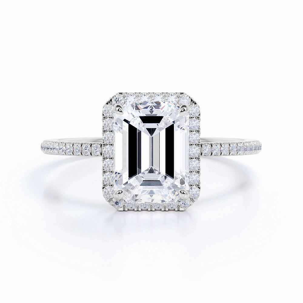 Artistic Trinket Opaque Surface Pave Set 1.5 Carat Emerald Moissanite Halo Engagement Ring