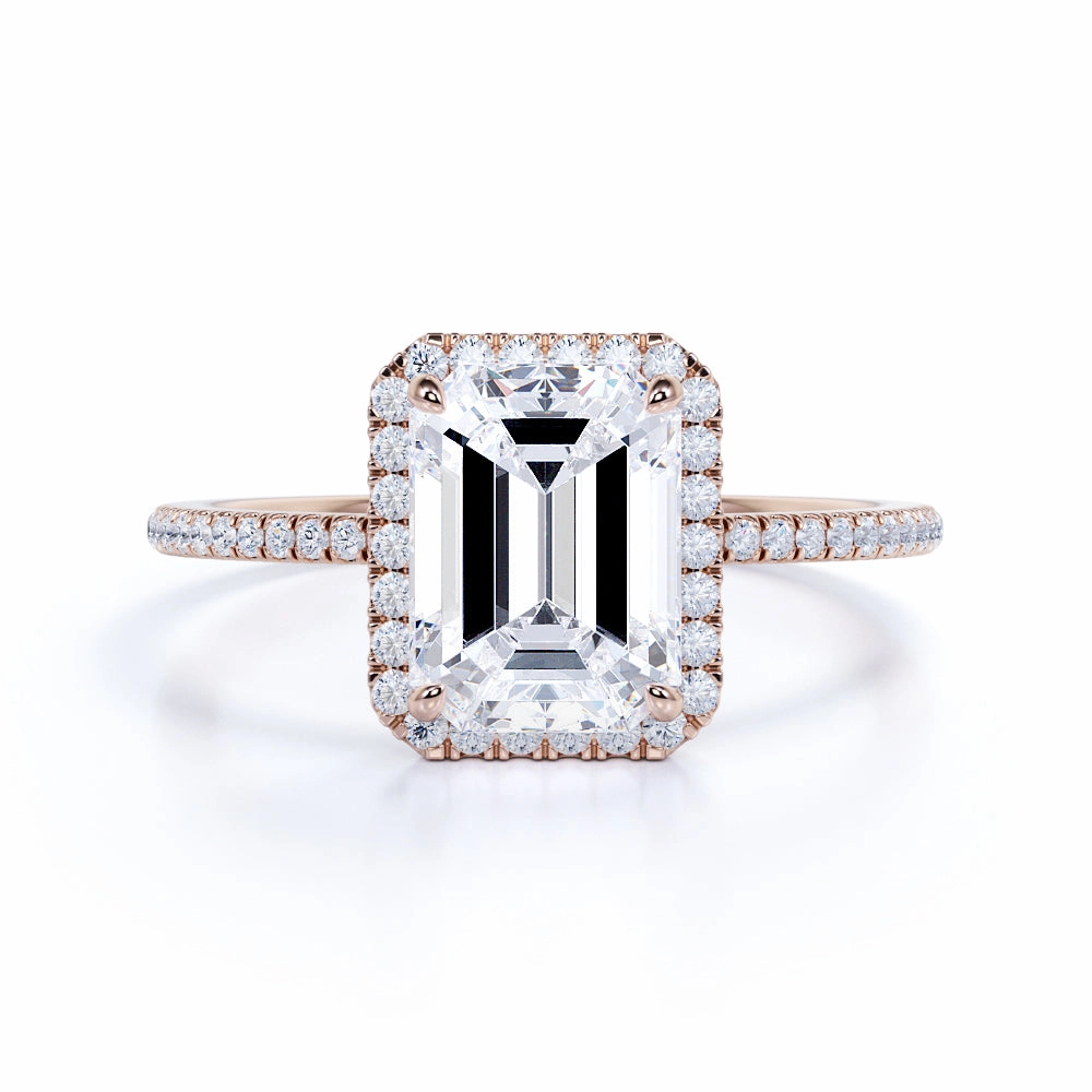 Pave Set 1.5 Carat Emerald Moissanite Halo Engagement Ring Secure Art Fashion Trend