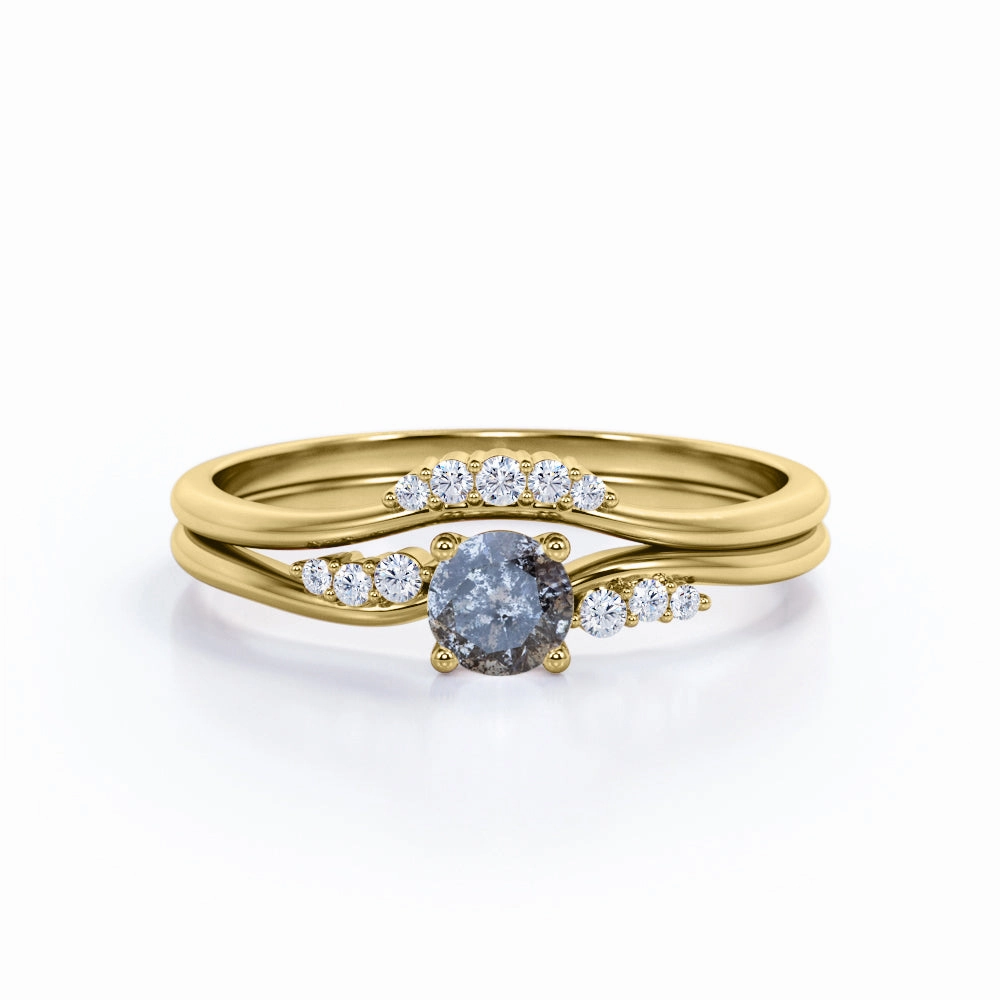 Curved 0.75 Ct Round Cut Salt and Pepper Diamond Bridal Set Top Rated Chic Style