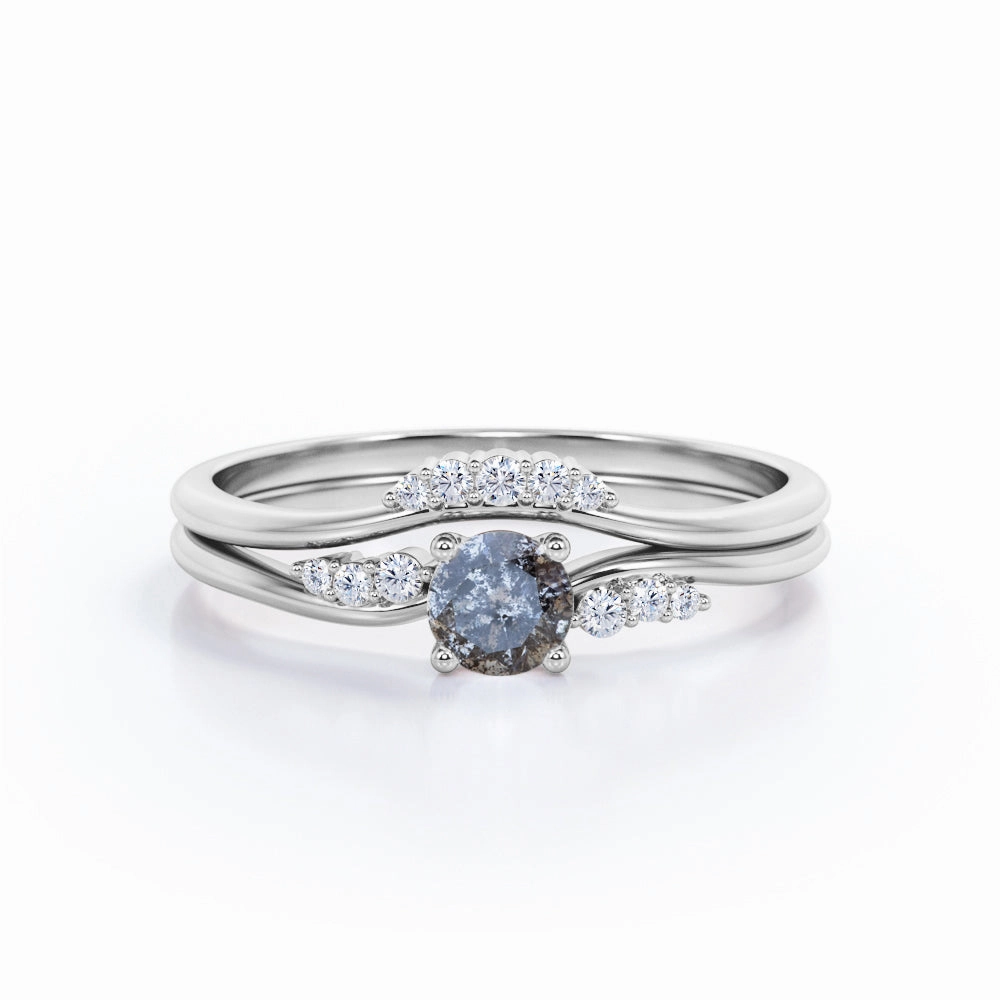 Handcrafted Ornament Curved 0.75 Ct Round Cut Salt and Pepper Diamond Bridal Set