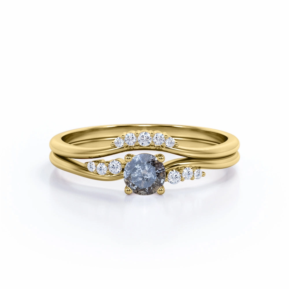 Curved 0.75 Ct Round Cut Salt and Pepper Diamond Bridal Set Soft Texture Cold resistant