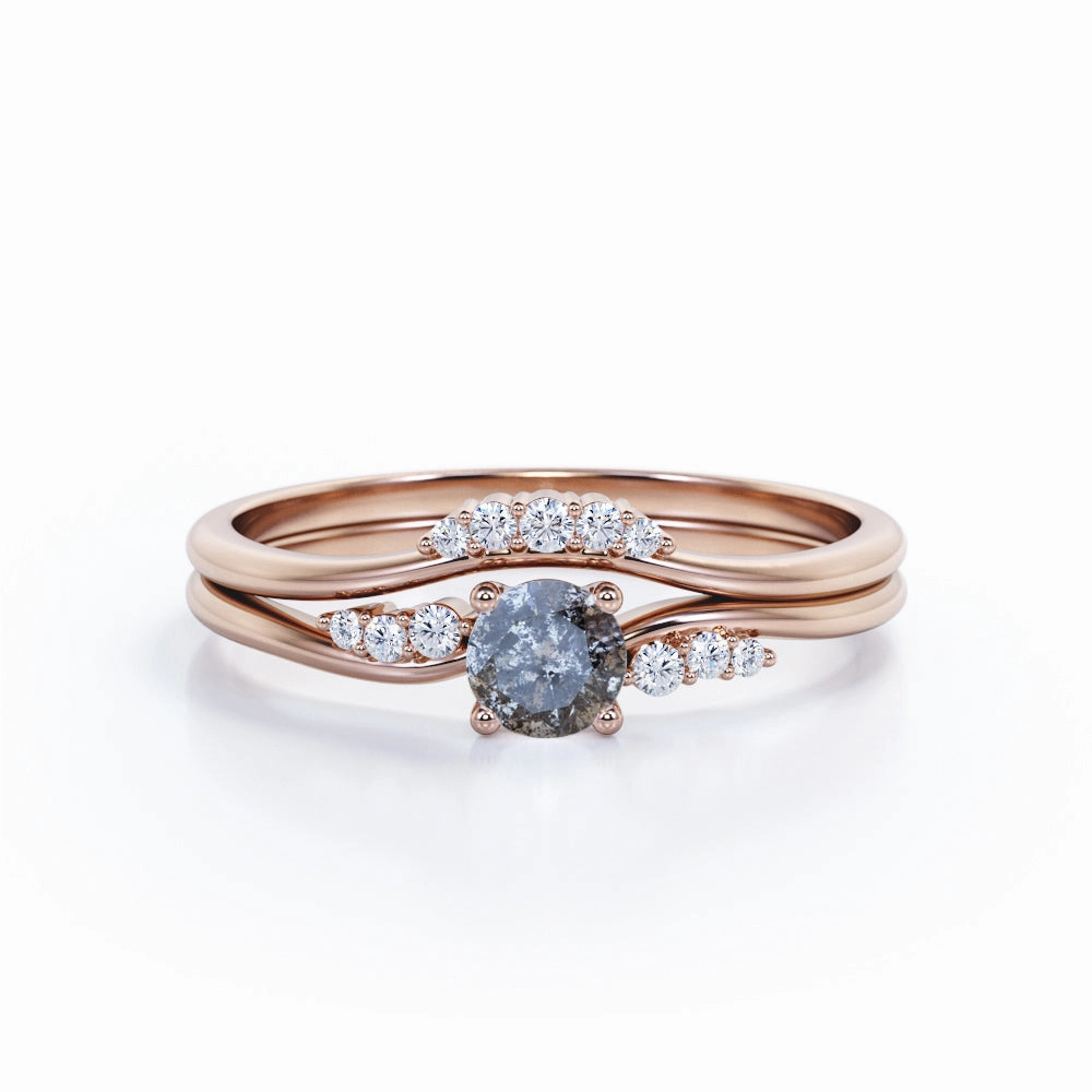 Curved 0.75 Ct Round Cut Salt and Pepper Diamond Bridal Set Bold Decoration Artisan Expression