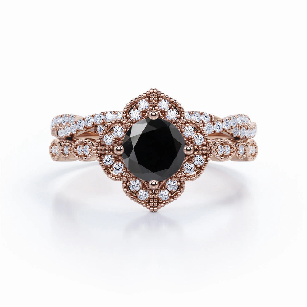 HighEnd Gift Flexible Design 2 ct Round Lab Black Diamond Art Deco Wedding Ring Set