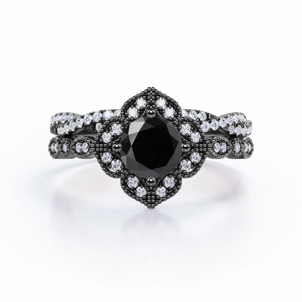 Cultural Heritage 2 ct Round Lab Black Diamond Art Deco Wedding Ring Set