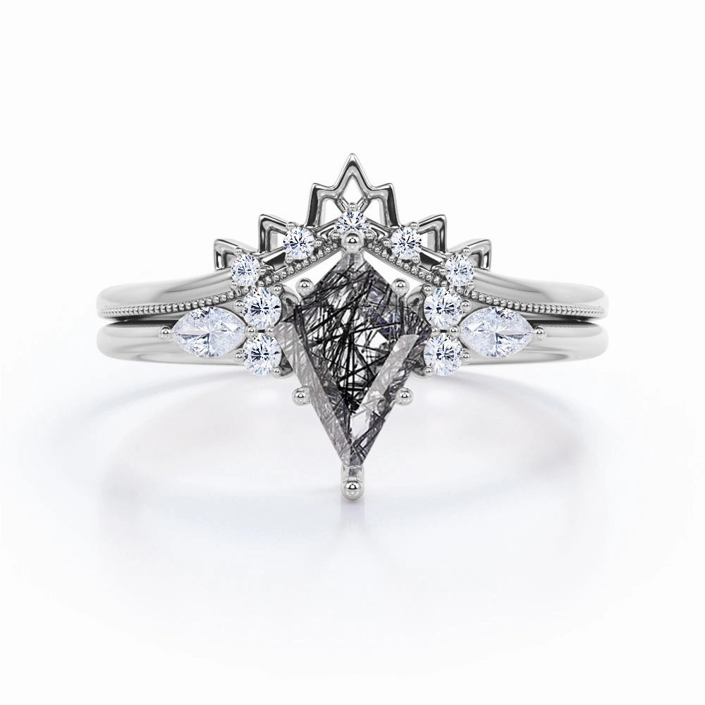 Ornate Gift HighEnd Piece Vintage 1.40 ct Kite Black Rutilated Quartz Filigree Crown Bridal Set