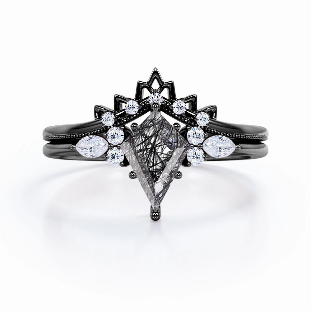 Vintage 1.40 ct Kite Black Rutilated Quartz Filigree Crown Bridal Set Designer Style Timeless Form