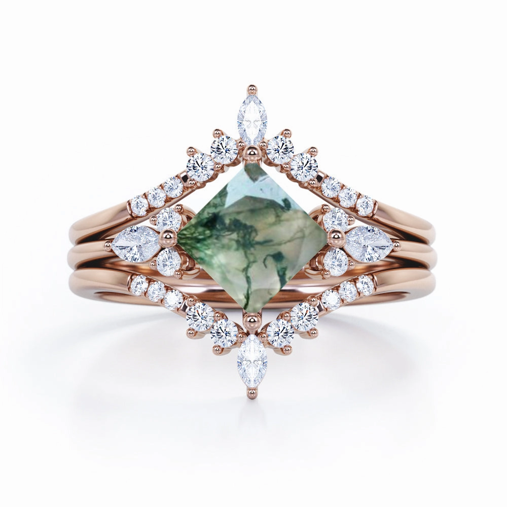 Dramatic Effect Affordable Bauble Double Crown 1.25 Carat Princess Moss Agate Trio Set